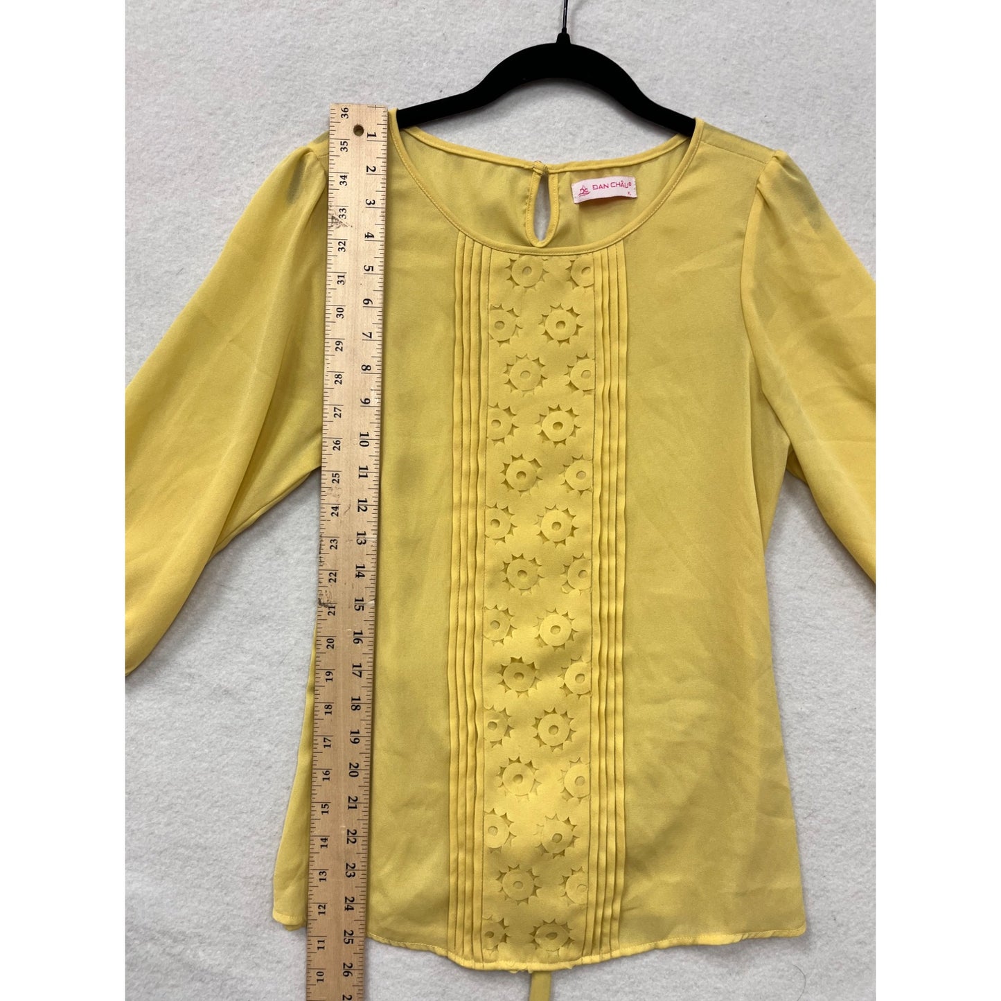 Womens XL Yellow 3/4 Sleeve Blouse With Floral Detail & Back Tie By Dan Chau  #6498