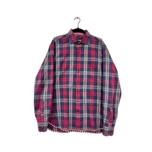 Hammer Made Mens Large 100% Cotton Red & Blue Plaid Long Sleeve Button-Down Shirt #6352