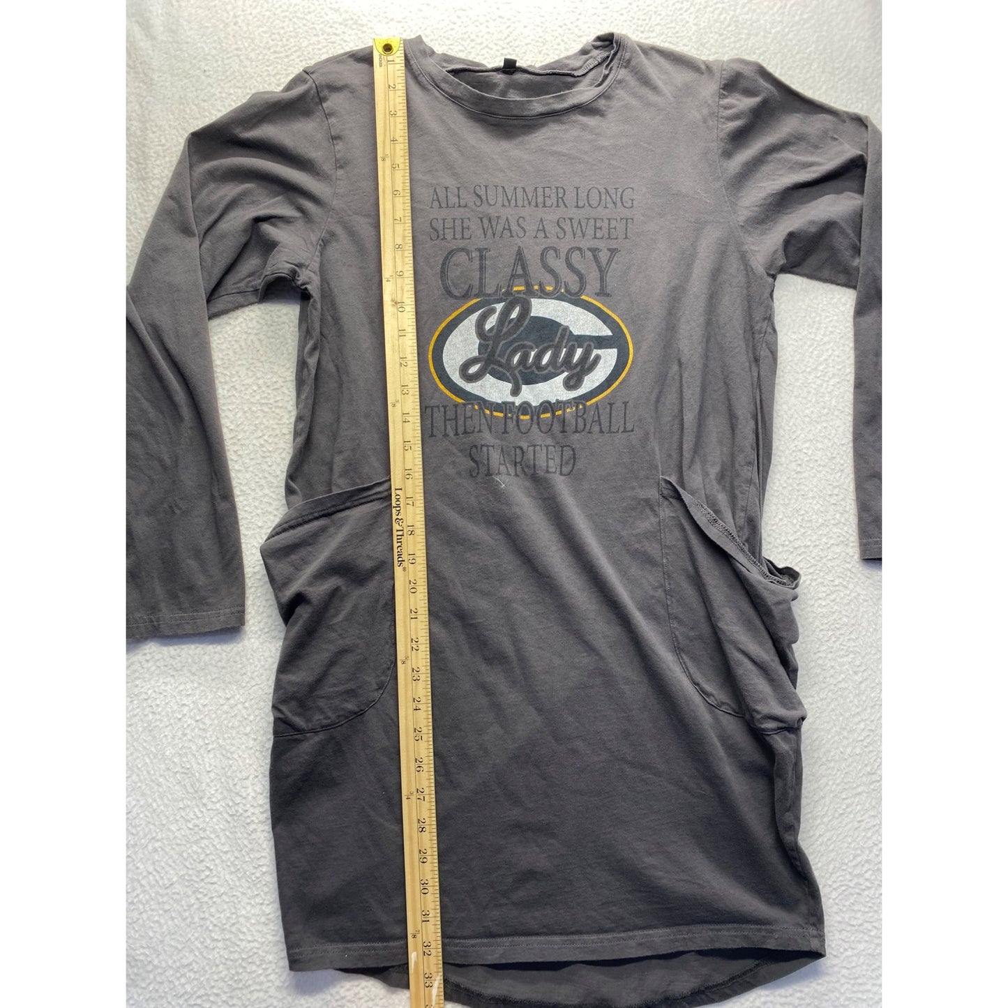 Packers Football Graphic Long Sleeve Gray Tunic Dress With Pockets #7239