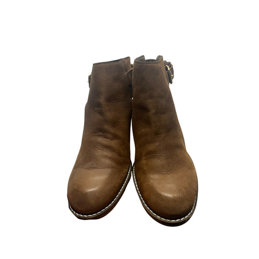Brown Leather Block Heel Ankle Boots With Buckle Strap Size 7B #9796
