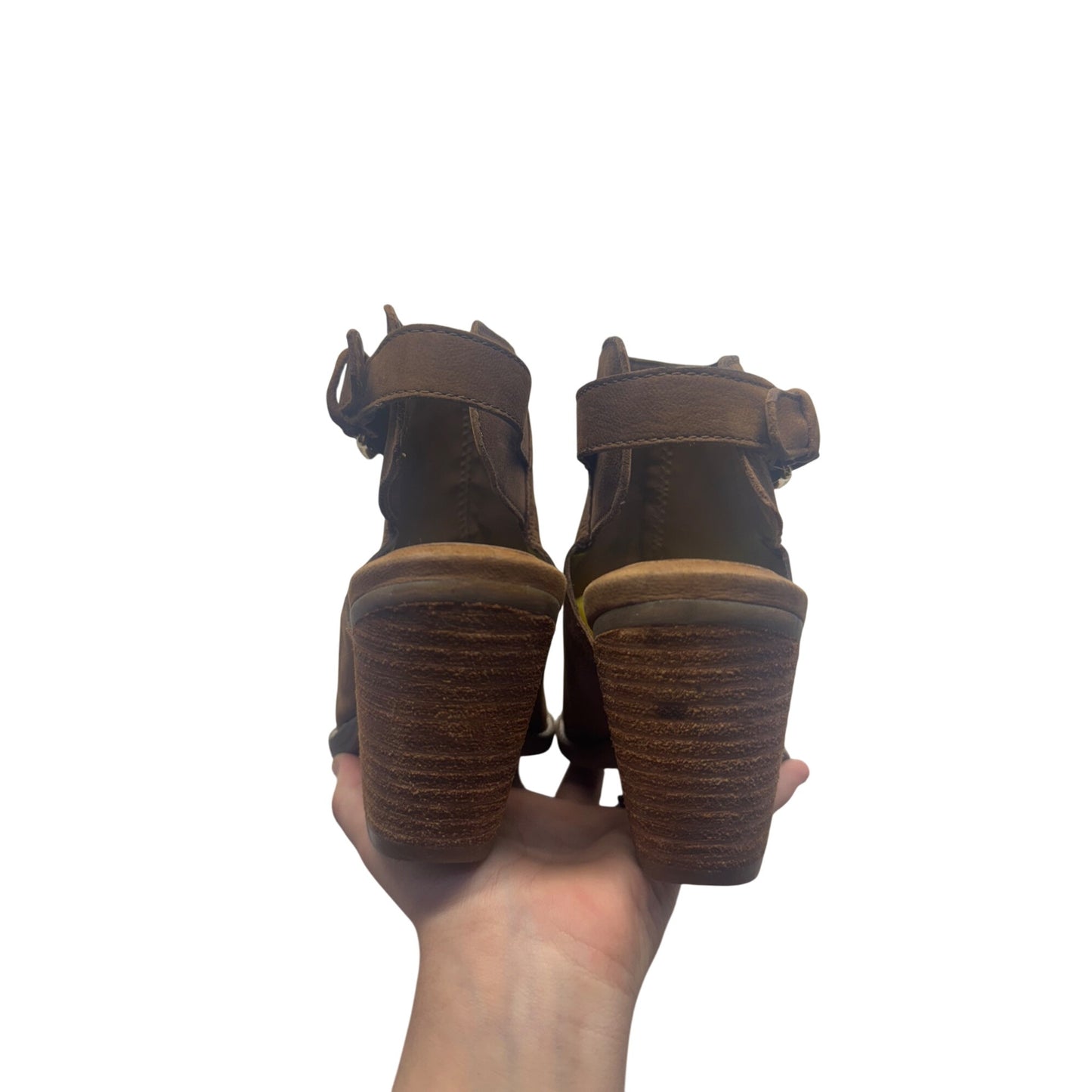 Brown Leather Block Heel Ankle Boots With Buckle Strap Size 7B #9796
