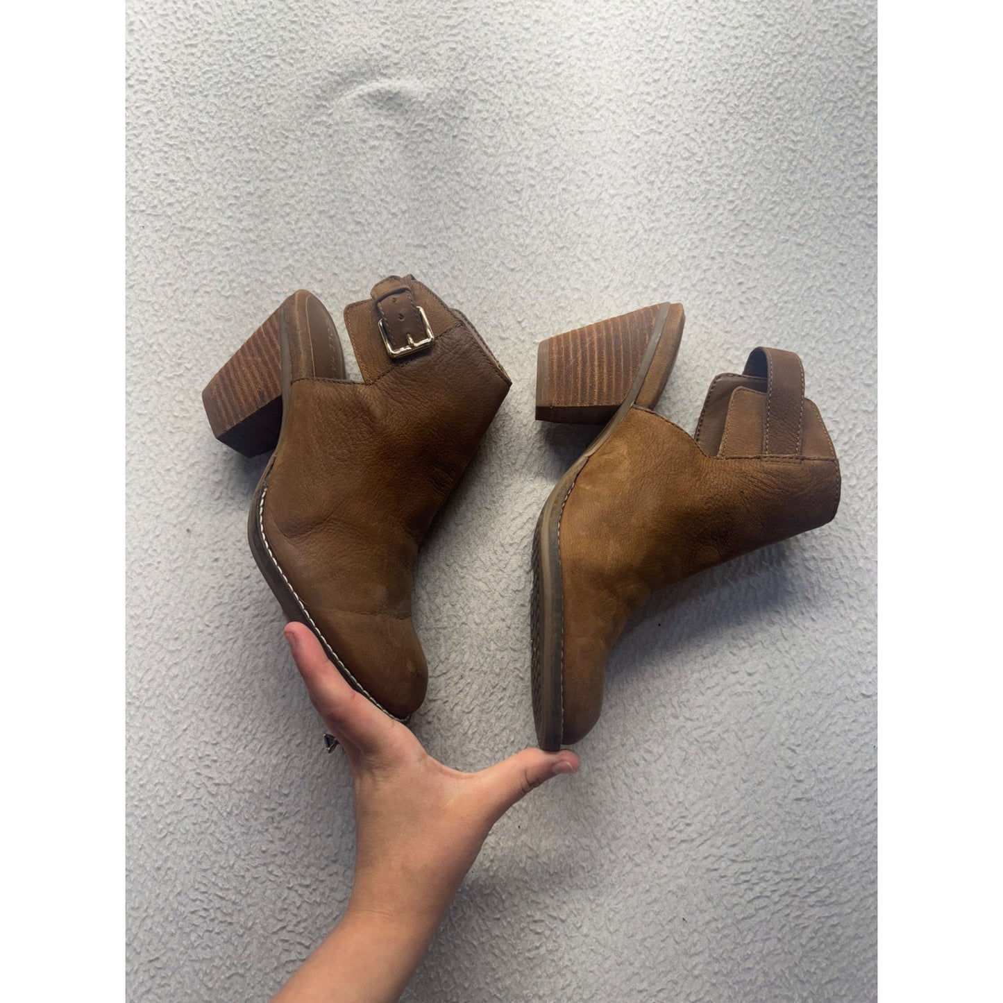 Brown Leather Block Heel Ankle Boots With Buckle Strap Size 7B #9796