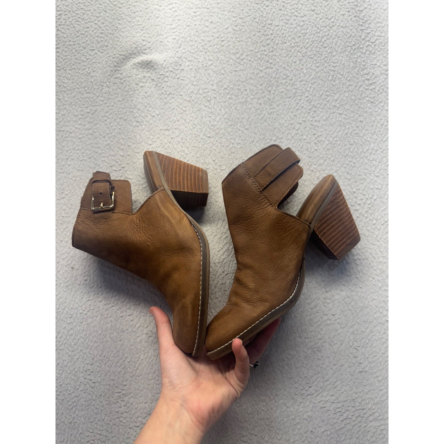 Brown Leather Block Heel Ankle Boots With Buckle Strap Size 7B #9796