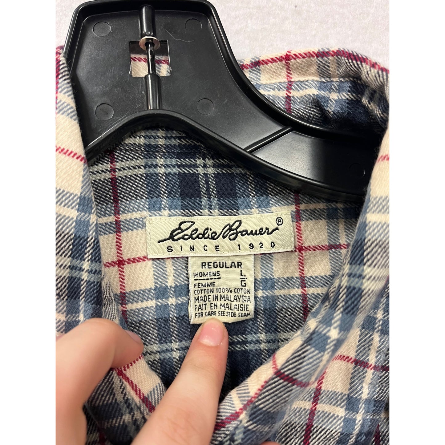 Eddie Bauer Plaid Button-Up Shirt Size L 100% Cotton Blue/White #8322