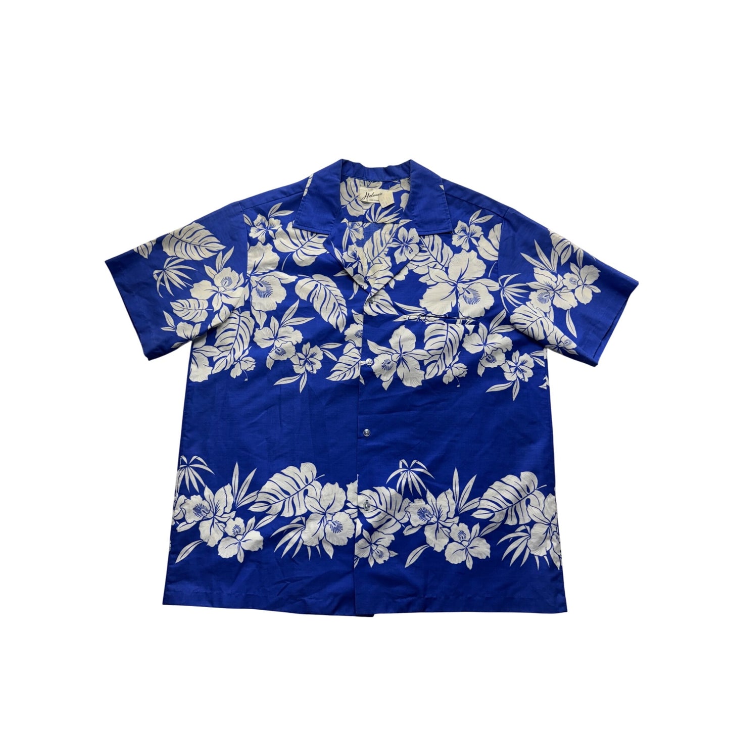 Vintage Helenas Hawaiian Blue & White Floral Button-Up Shirt With Pocket #9577