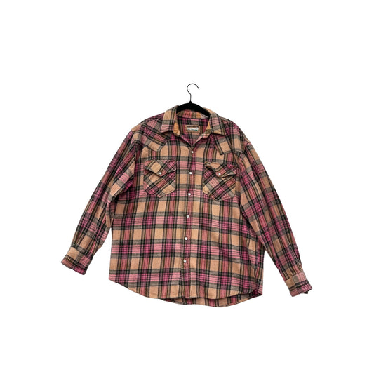 Vintage Winter Run Womens XL Plaid Button-Up Flannel Shirt Pink/Beige #8967