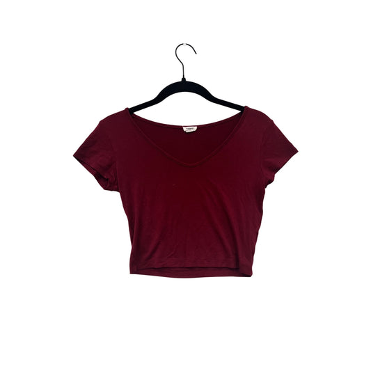 Garage Womens Small Burgundy V-Neck Short Sleeve Crop Top #8414