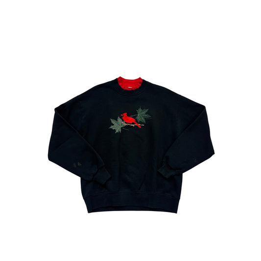 Vintage Jerzees Black Sweatshirt W/ Red Cardinal Embroidery Double Collar Size L #106C