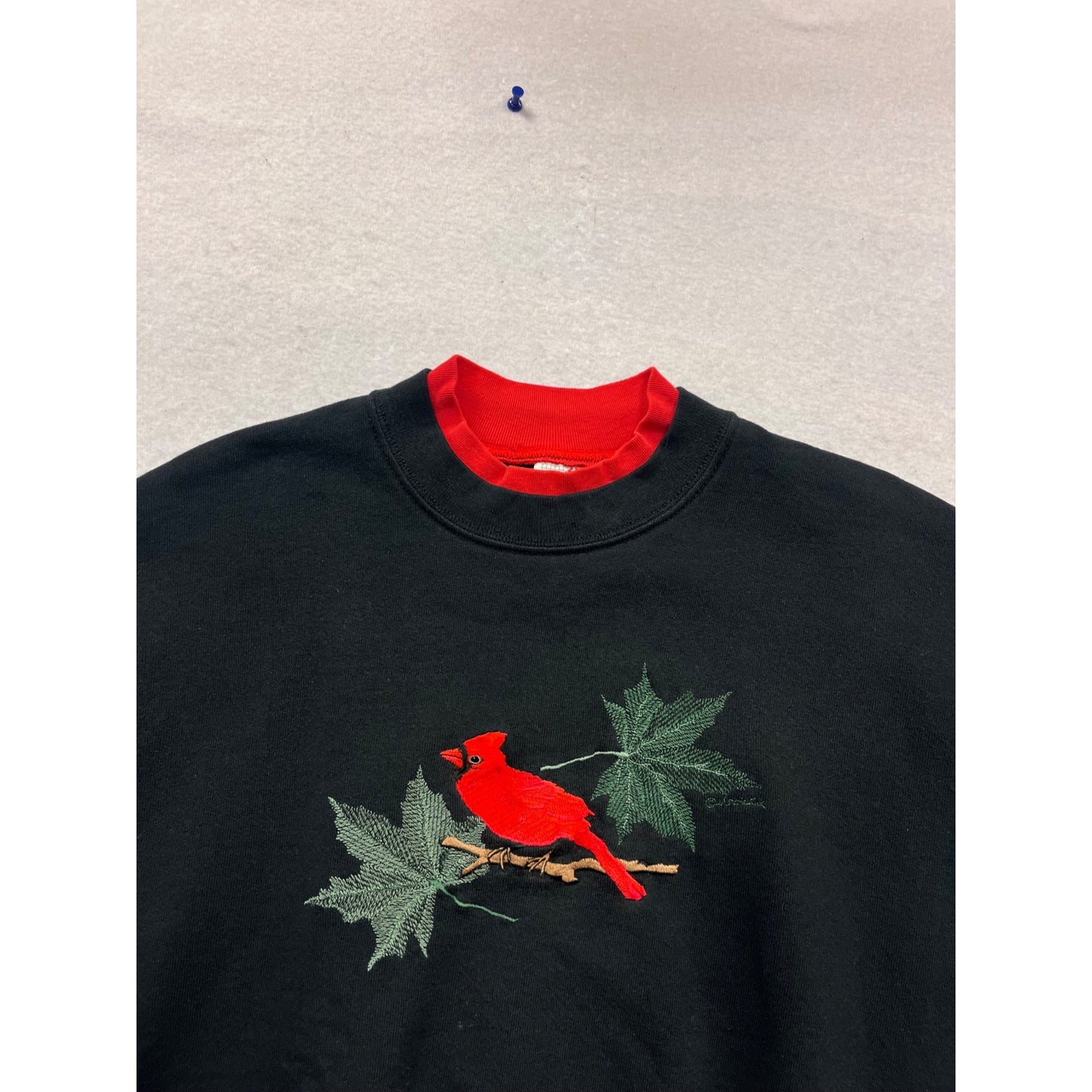 Vintage Jerzees Black Sweatshirt W/ Red Cardinal Embroidery Double Collar Size L #106C