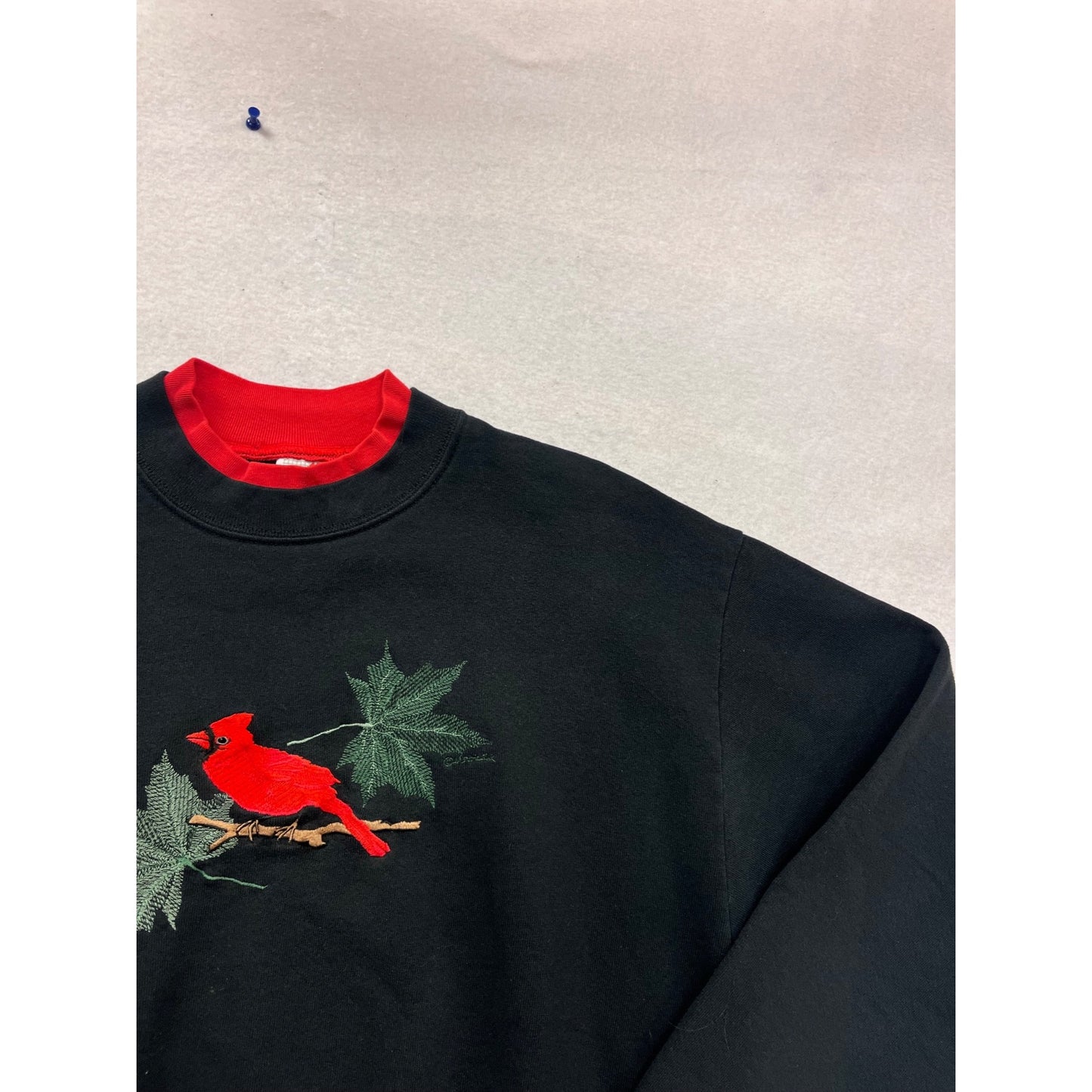 Vintage Jerzees Black Sweatshirt W/ Red Cardinal Embroidery Double Collar Size L #106C