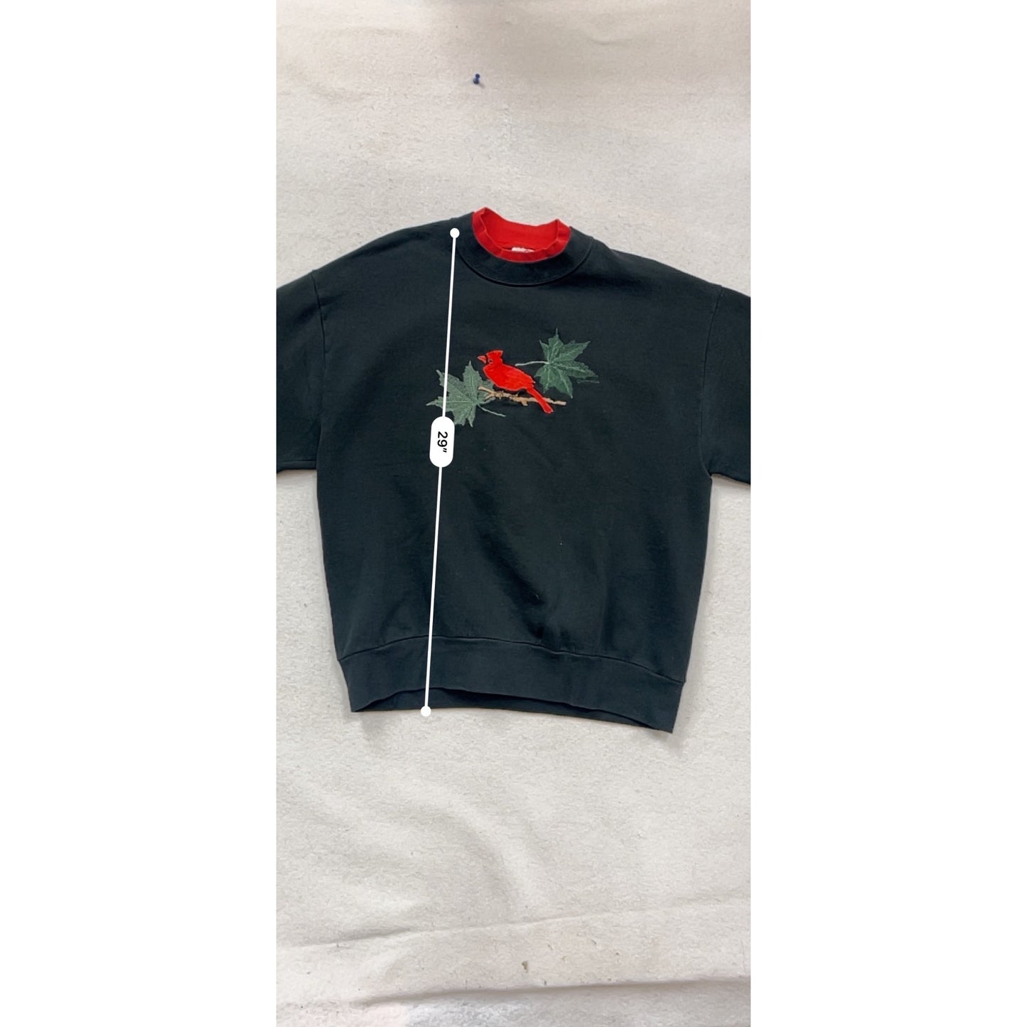 Vintage Jerzees Black Sweatshirt W/ Red Cardinal Embroidery Double Collar Size L #106C