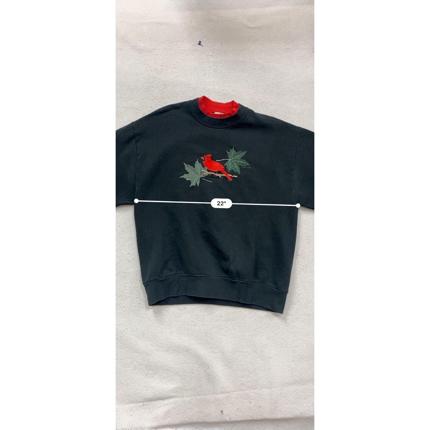Vintage Jerzees Black Sweatshirt W/ Red Cardinal Embroidery Double Collar Size L #106C