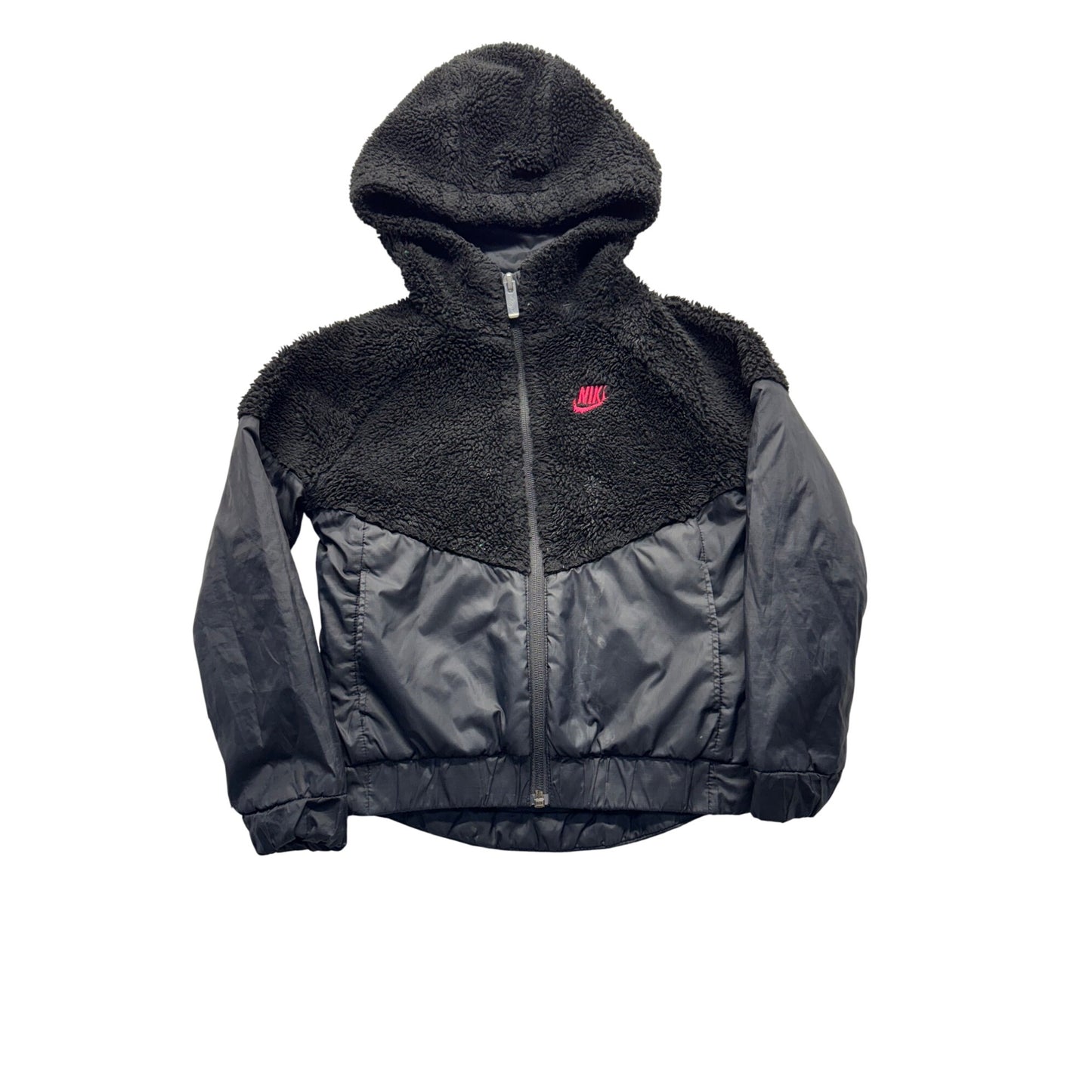 Nike Girls Black Fleece & Nylon Hooded Jacket With Pink Logo #7804