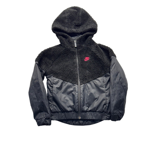 Nike Girls Black Fleece & Nylon Hooded Jacket With Pink Logo #7804