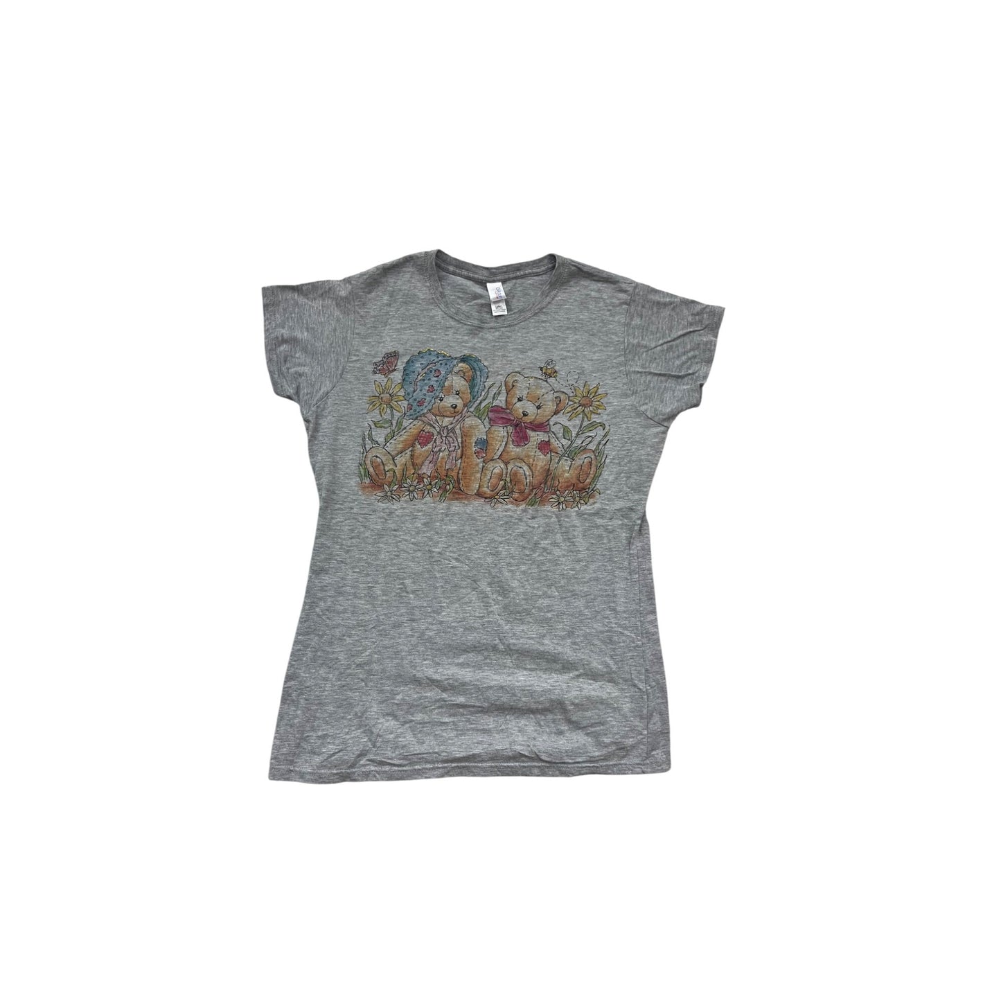 Vintage Gildan Ladies T-Shirt With Teddy Bear Print Size L Gray #684A