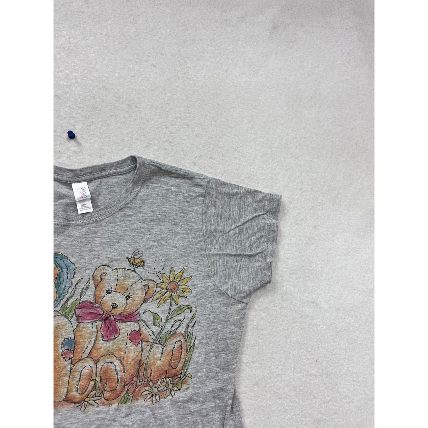 Vintage Gildan Ladies T-Shirt With Teddy Bear Print Size L Gray #684A