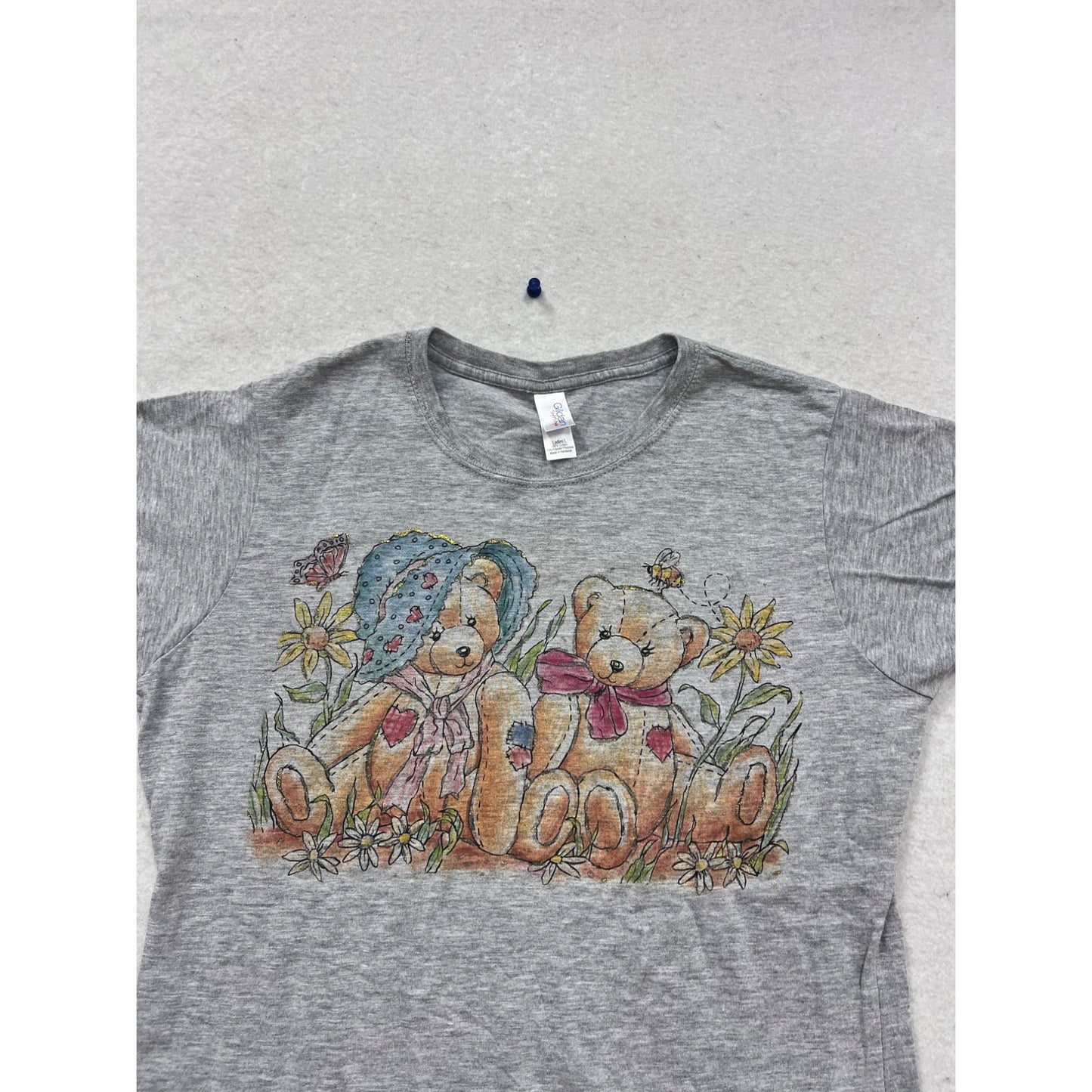 Vintage Gildan Ladies T-Shirt With Teddy Bear Print Size L Gray #684A