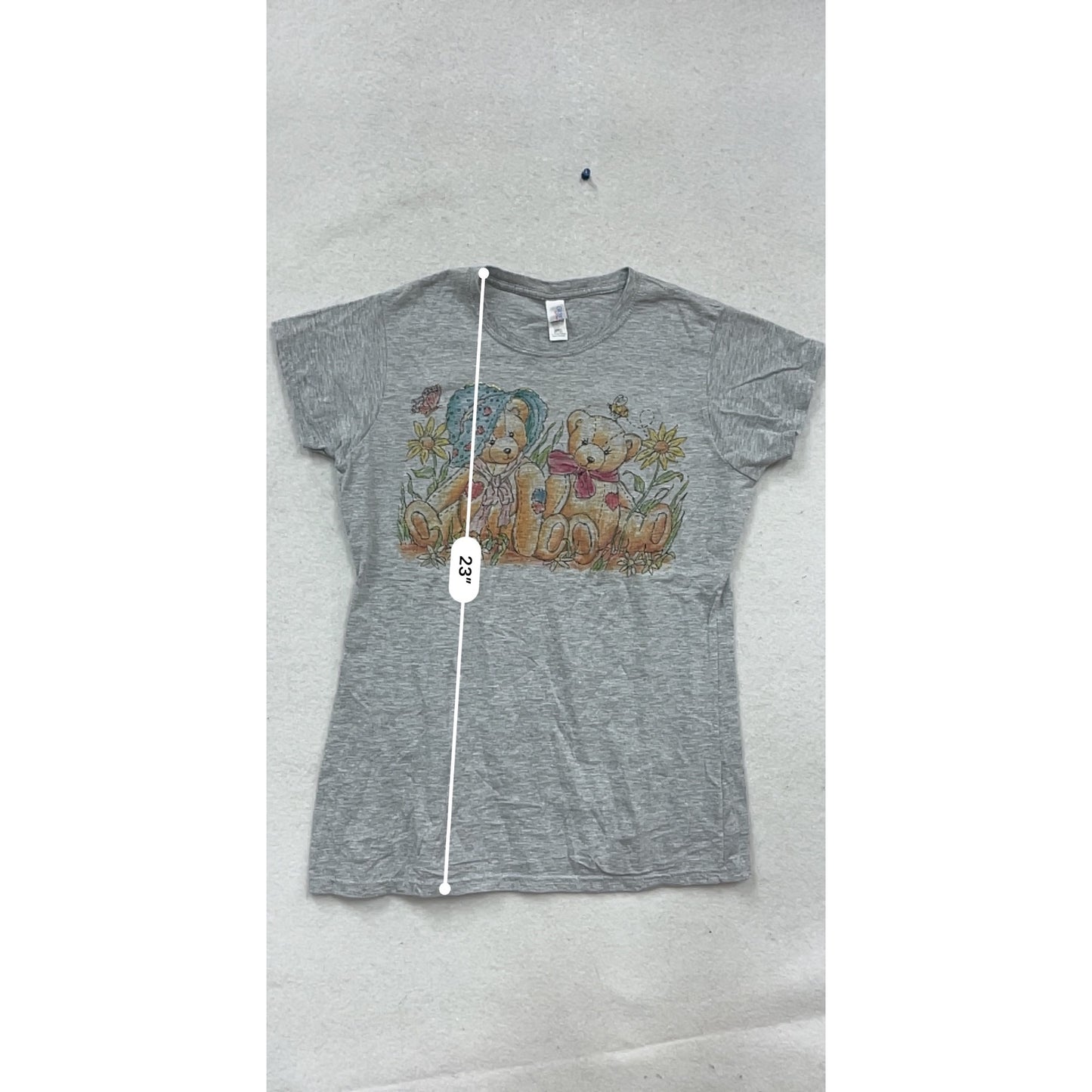 Vintage Gildan Ladies T-Shirt With Teddy Bear Print Size L Gray #684A