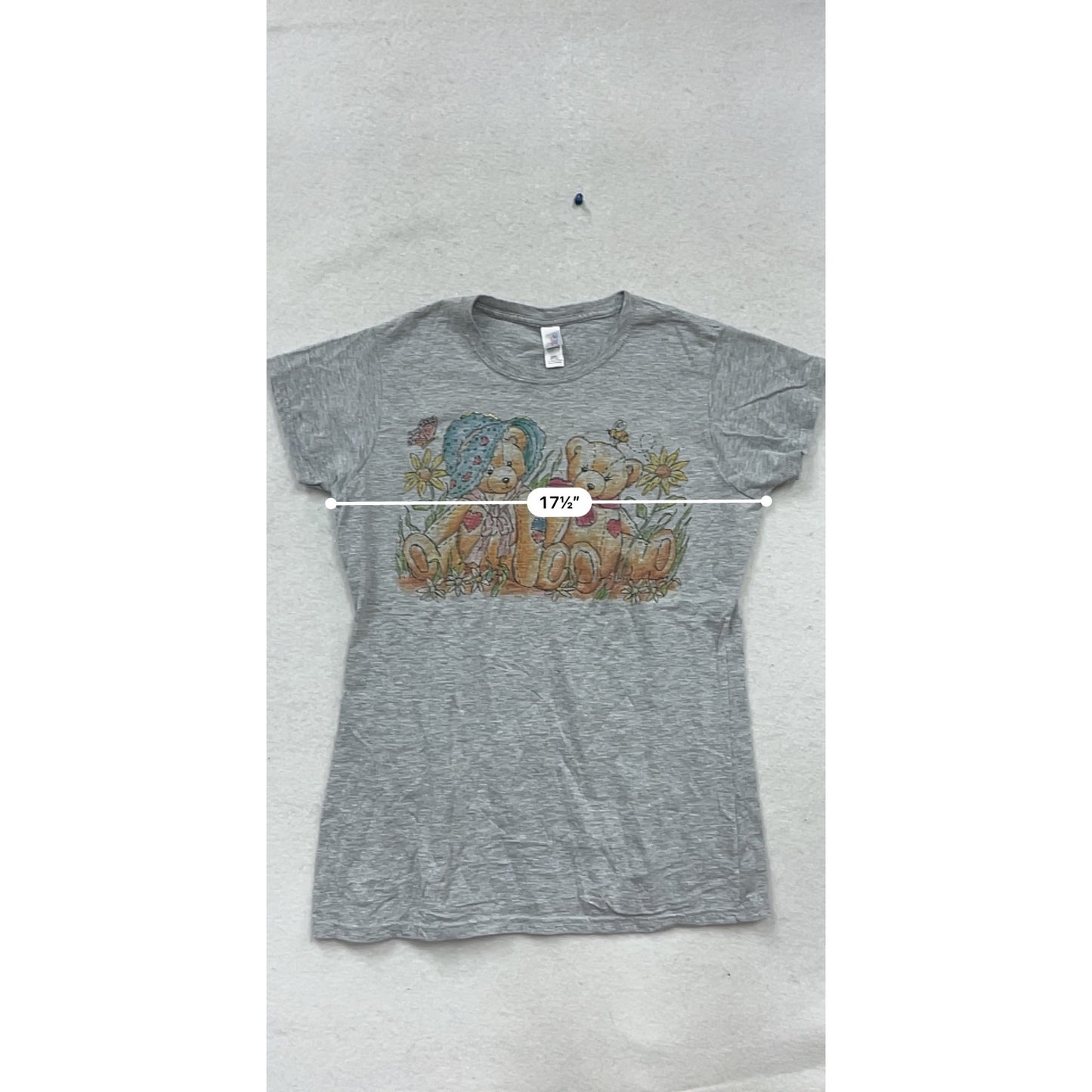 Vintage Gildan Ladies T-Shirt With Teddy Bear Print Size L Gray #684A