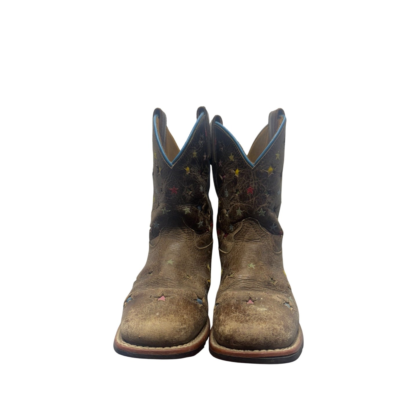 Ariat Brown Leather Star Print Western Boots With Blue Trim Size 8 #9798