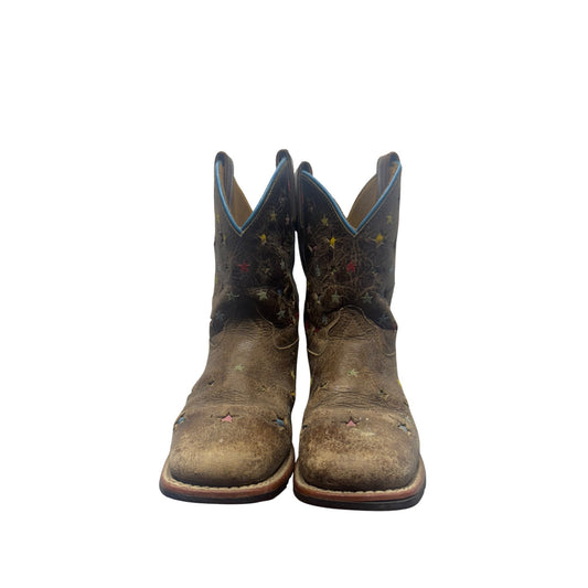 Ariat Brown Leather Star Print Western Boots With Blue Trim Size 8 #9798