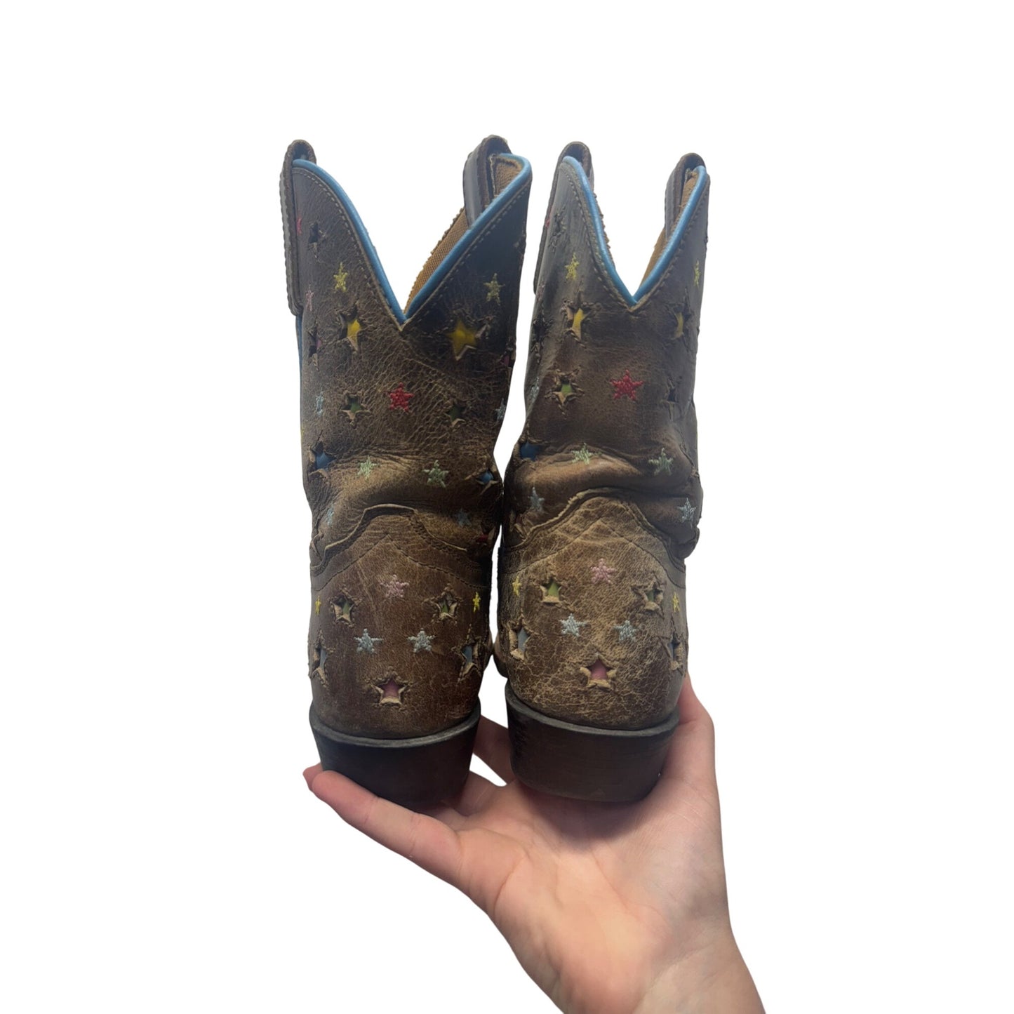 Ariat Brown Leather Star Print Western Boots With Blue Trim Size 8 #9798