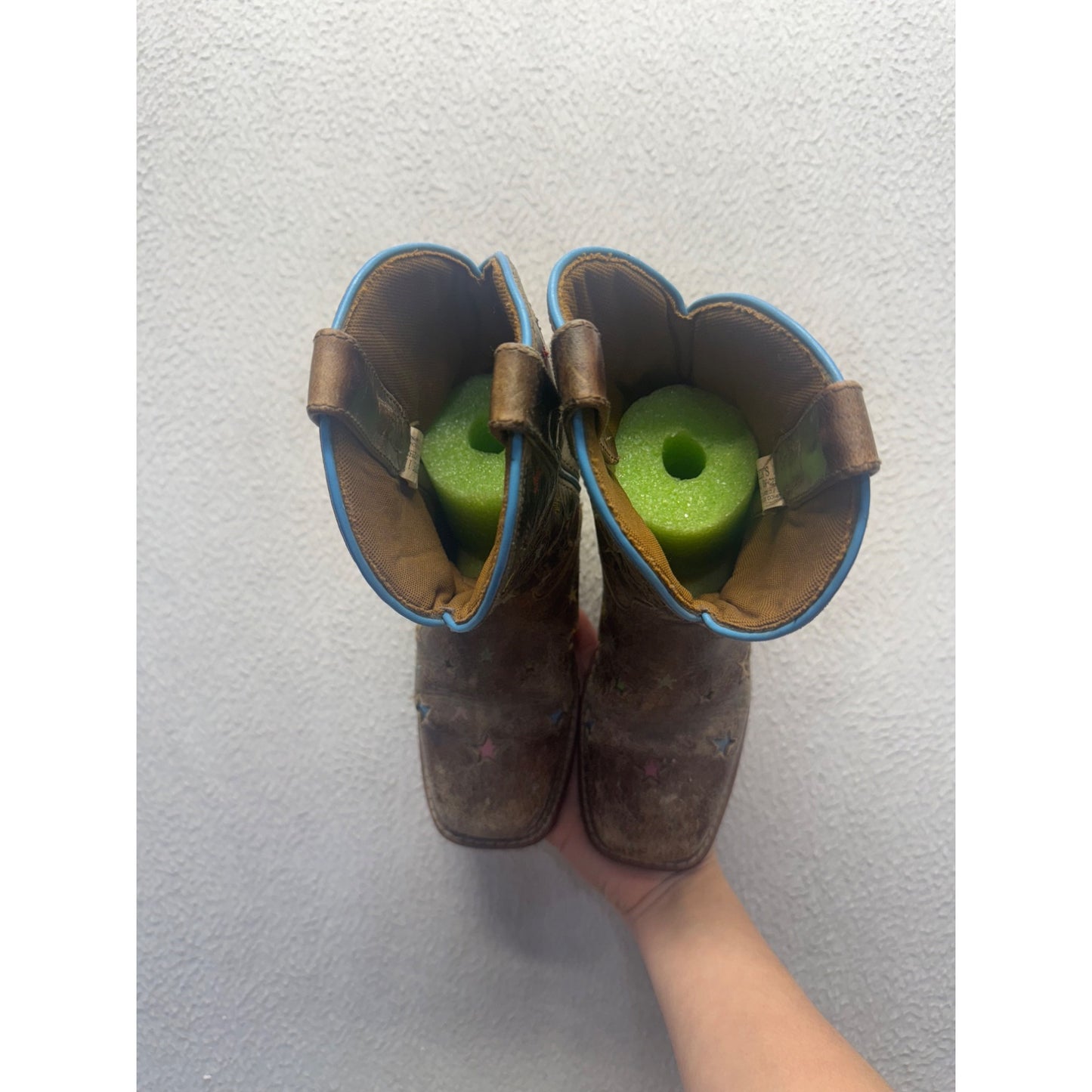 Ariat Brown Leather Star Print Western Boots With Blue Trim Size 8 #9798