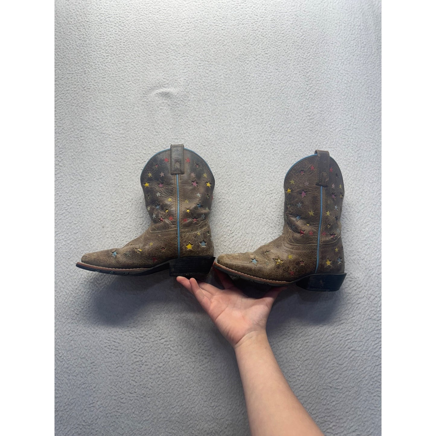 Ariat Brown Leather Star Print Western Boots With Blue Trim Size 8 #9798