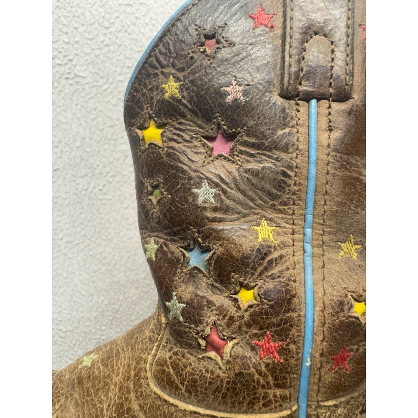 Ariat Brown Leather Star Print Western Boots With Blue Trim Size 8 #9798
