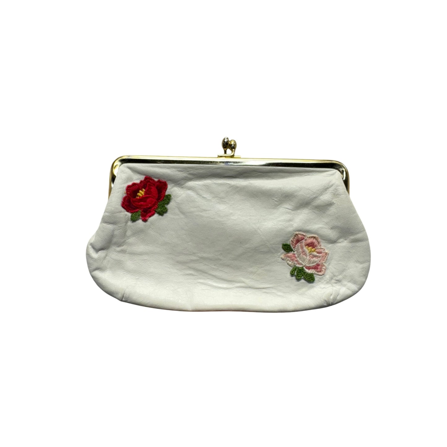 Vintage White Leather Coin Purse With Floral Embroidery 42B