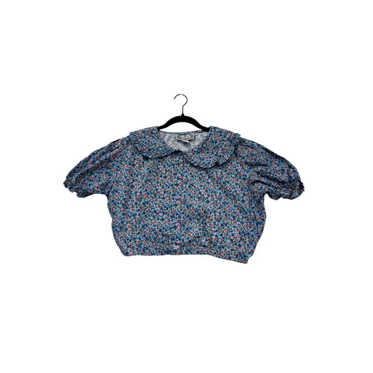 Vintage Bonjour Womens Blue Floral Blouse With Peter Pan Collar & Puff Sleeves Large #6764