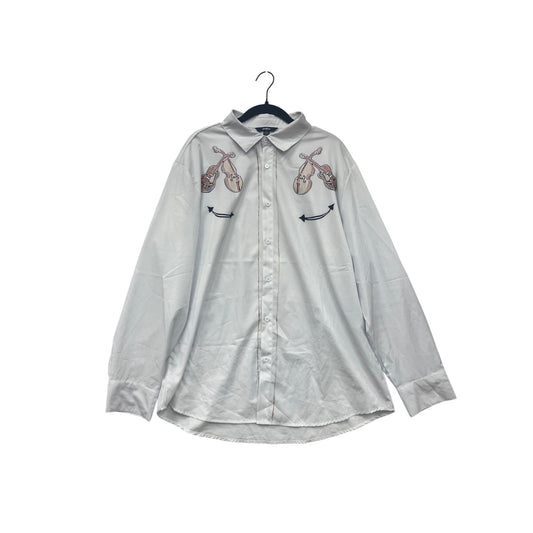 Mens White Button-Up Shirt With Violin Print Size XL #8181