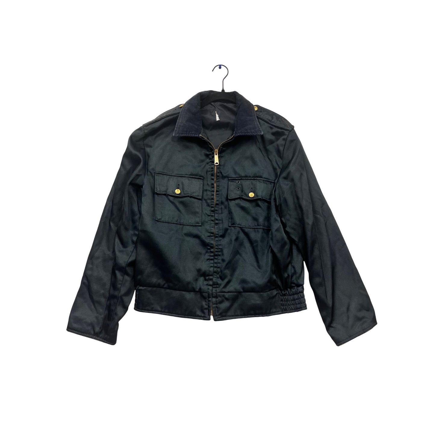 Black Zipper Jacket With Corduroy Collar & Gold Button Details #830A