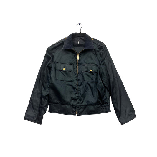 Black Zipper Jacket With Corduroy Collar & Gold Button Details #830A