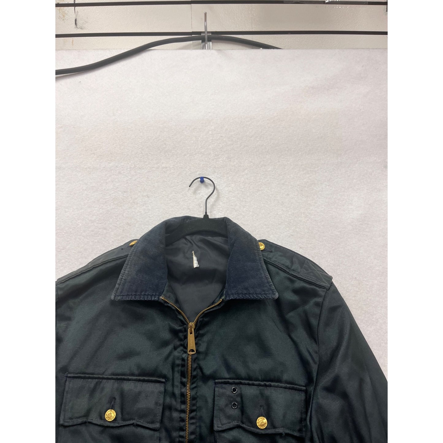 Black Zipper Jacket With Corduroy Collar & Gold Button Details #830A