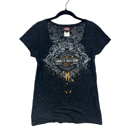 Harley-Davidson Womens Sheer Large Black Graphic Burnout T-Shirt #6490