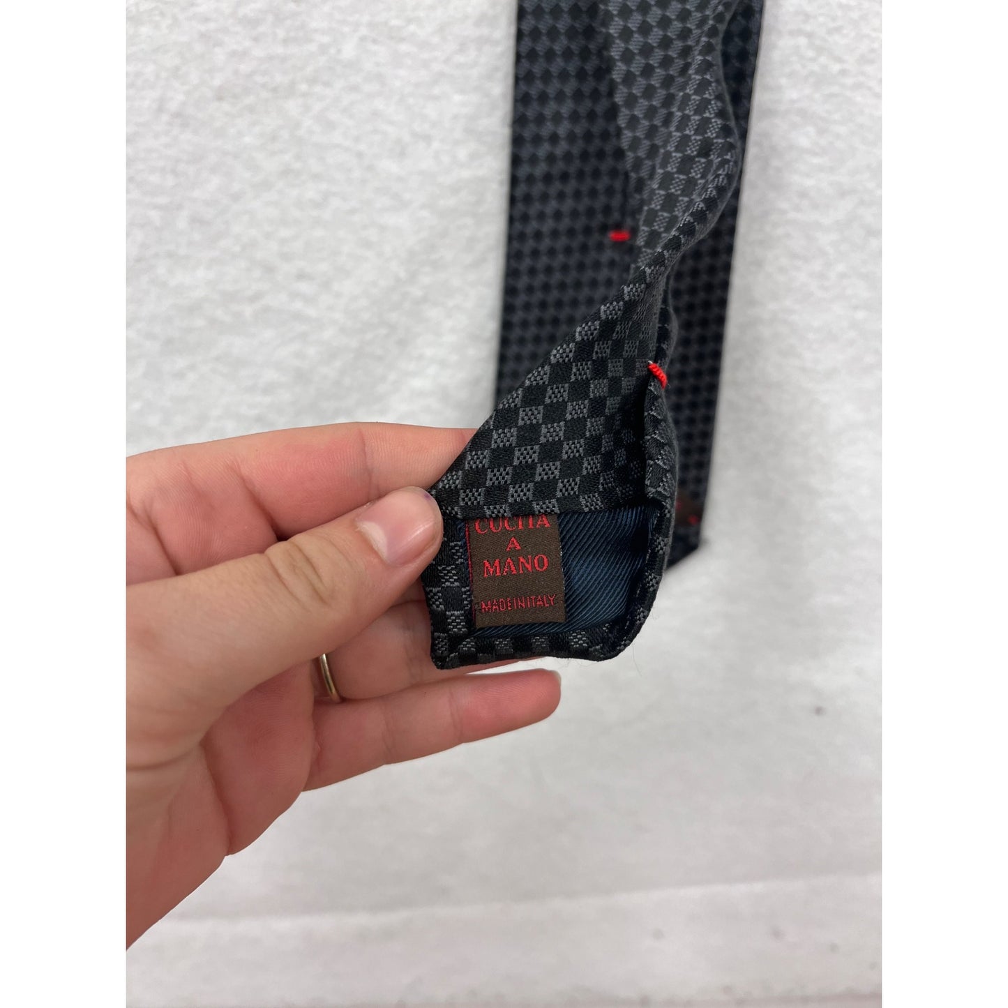 Black & Gray Checkered Silk Tie Cucita A Mano Handmade In Italy #8663