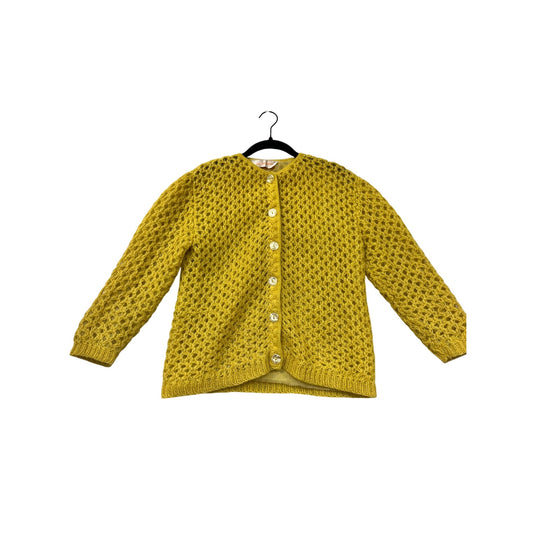 Vintage Saks Fifth Avenue Hand-Knit Yellow Open Weave Button Cardigan Sweater Size Medium #67A
