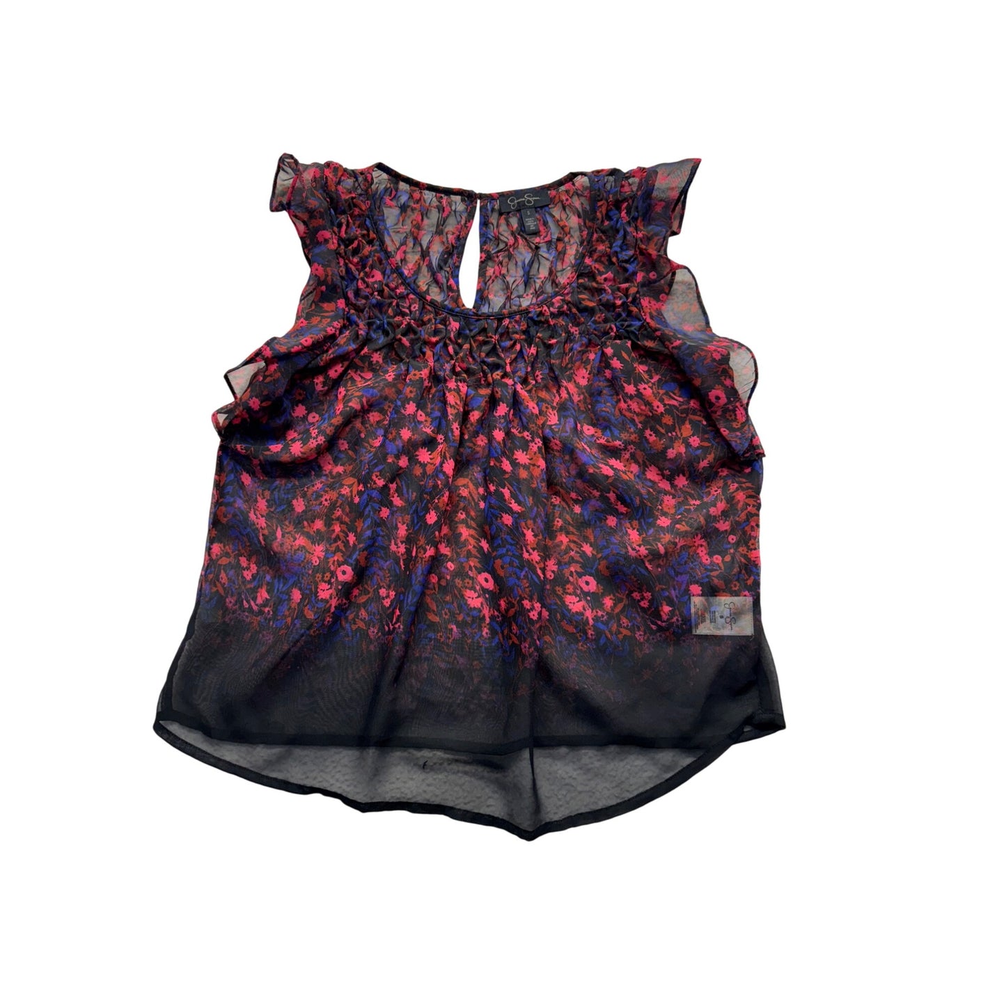 Jessica Simpson Floral Sheer Sleeveless Top S Black Pink Purple Keyhole #9301