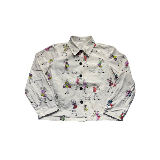 Womens White Top W/ Colorful Fashion Illustration Print & Bead Details #7806