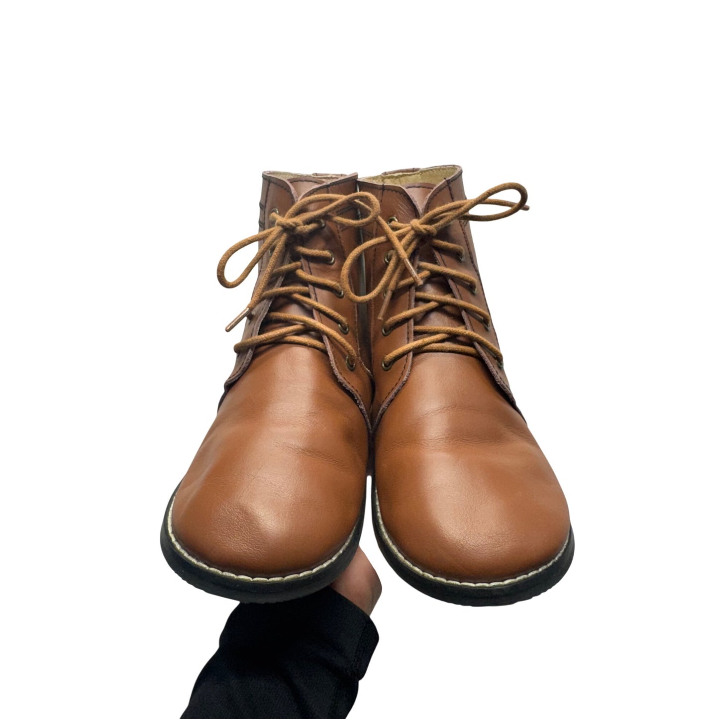Brown Leather Lace-Up Ankle Boots With Stitched Detailing & Rubber Soles #9469
