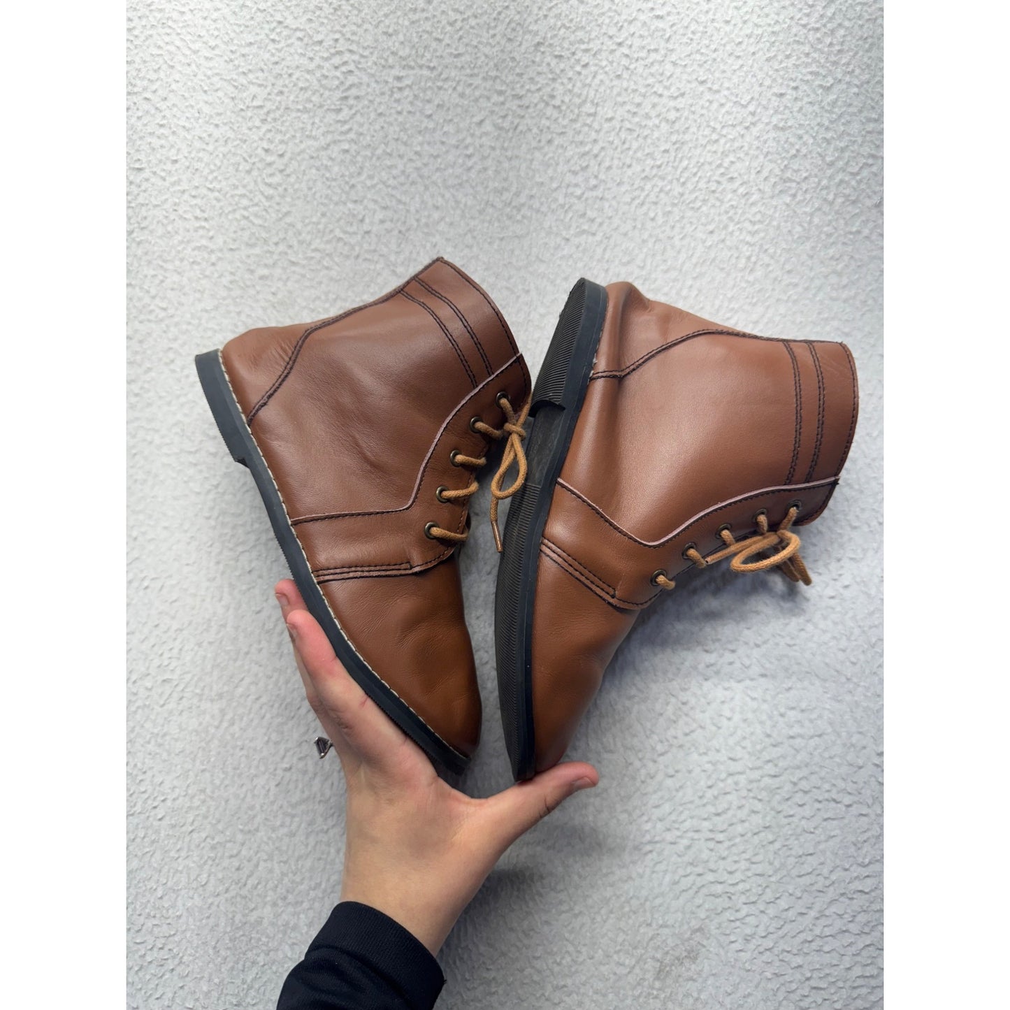 Brown Leather Lace-Up Ankle Boots With Stitched Detailing & Rubber Soles #9469