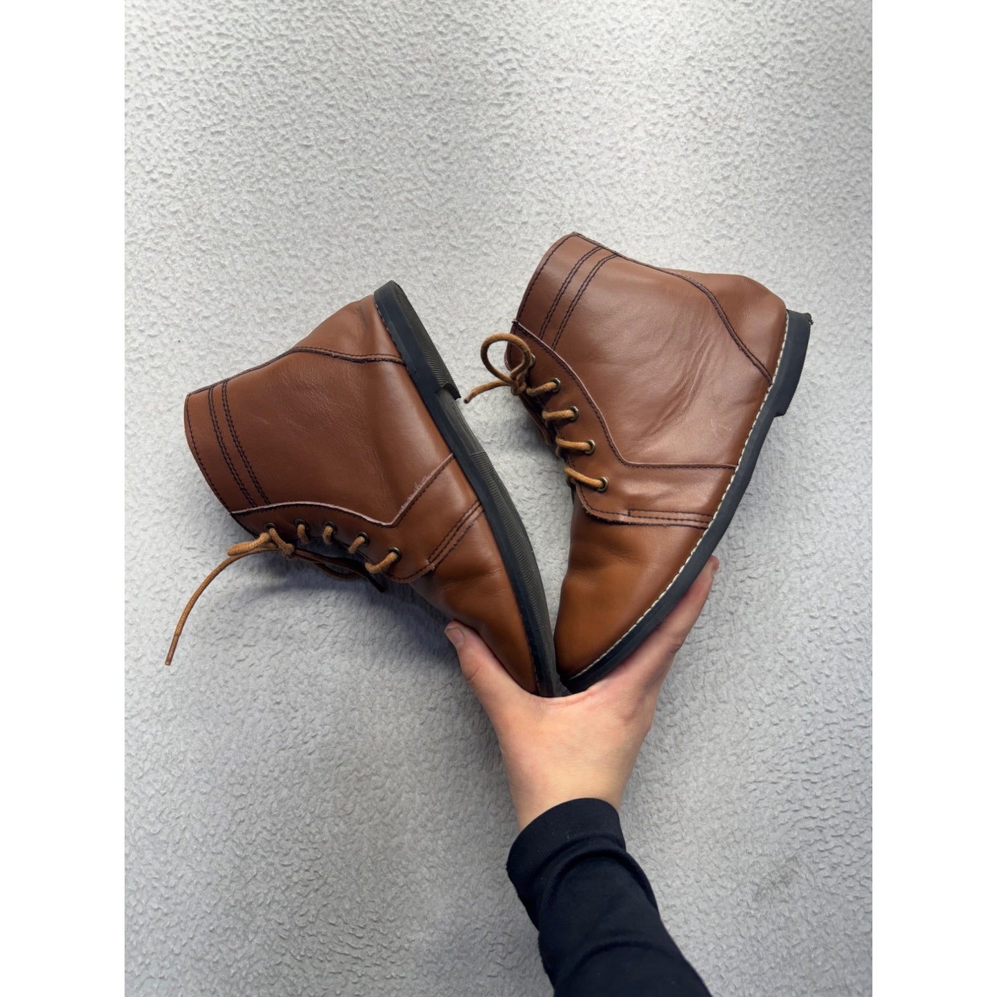 Brown Leather Lace-Up Ankle Boots With Stitched Detailing & Rubber Soles #9469