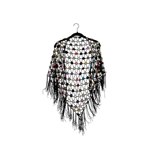 Crochet Fishnet Shawl With Multicolored Accents & Fringe Trim #8070