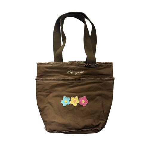 Y2K Life Is Good Brown Canvas Tote Bag With Flower Embroidery #7498