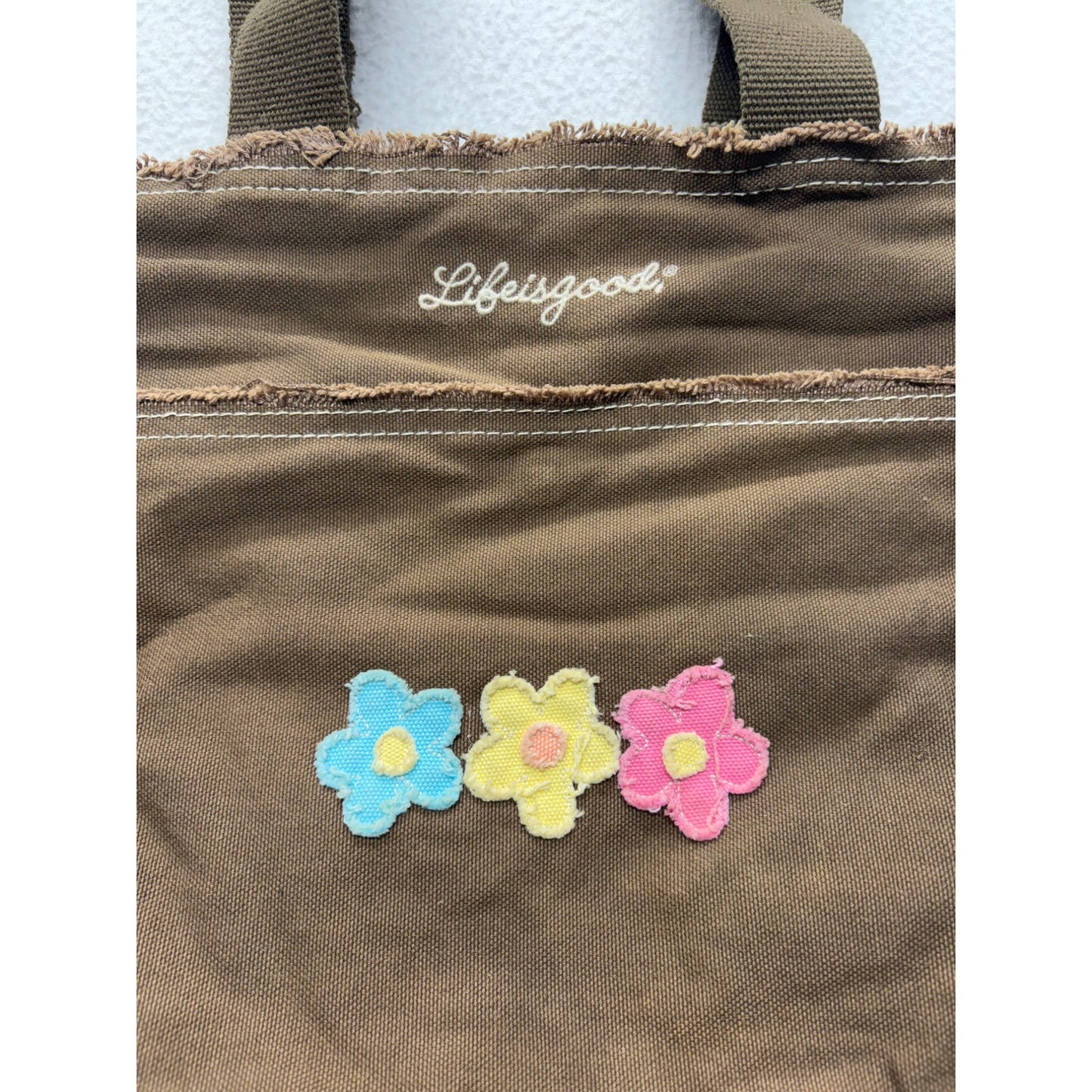 Y2K Life Is Good Brown Canvas Tote Bag With Flower Embroidery #7498