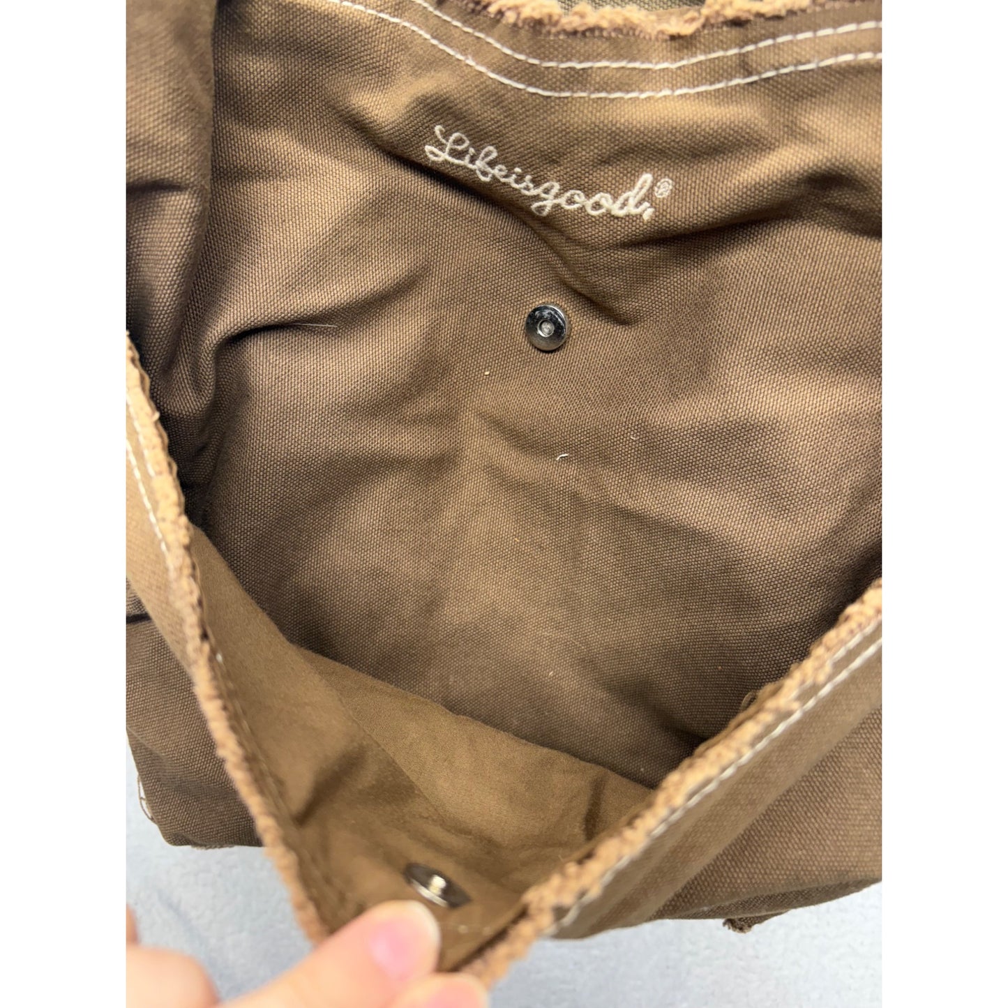 Y2K Life Is Good Brown Canvas Tote Bag With Flower Embroidery #7498