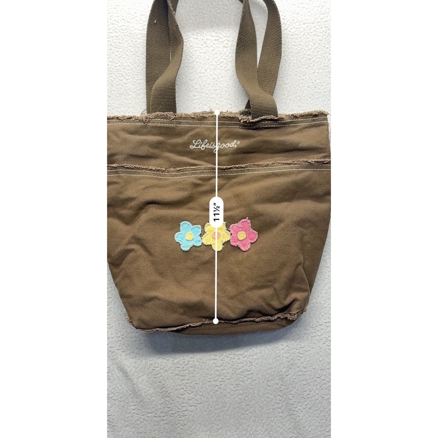 Y2K Life Is Good Brown Canvas Tote Bag With Flower Embroidery #7498