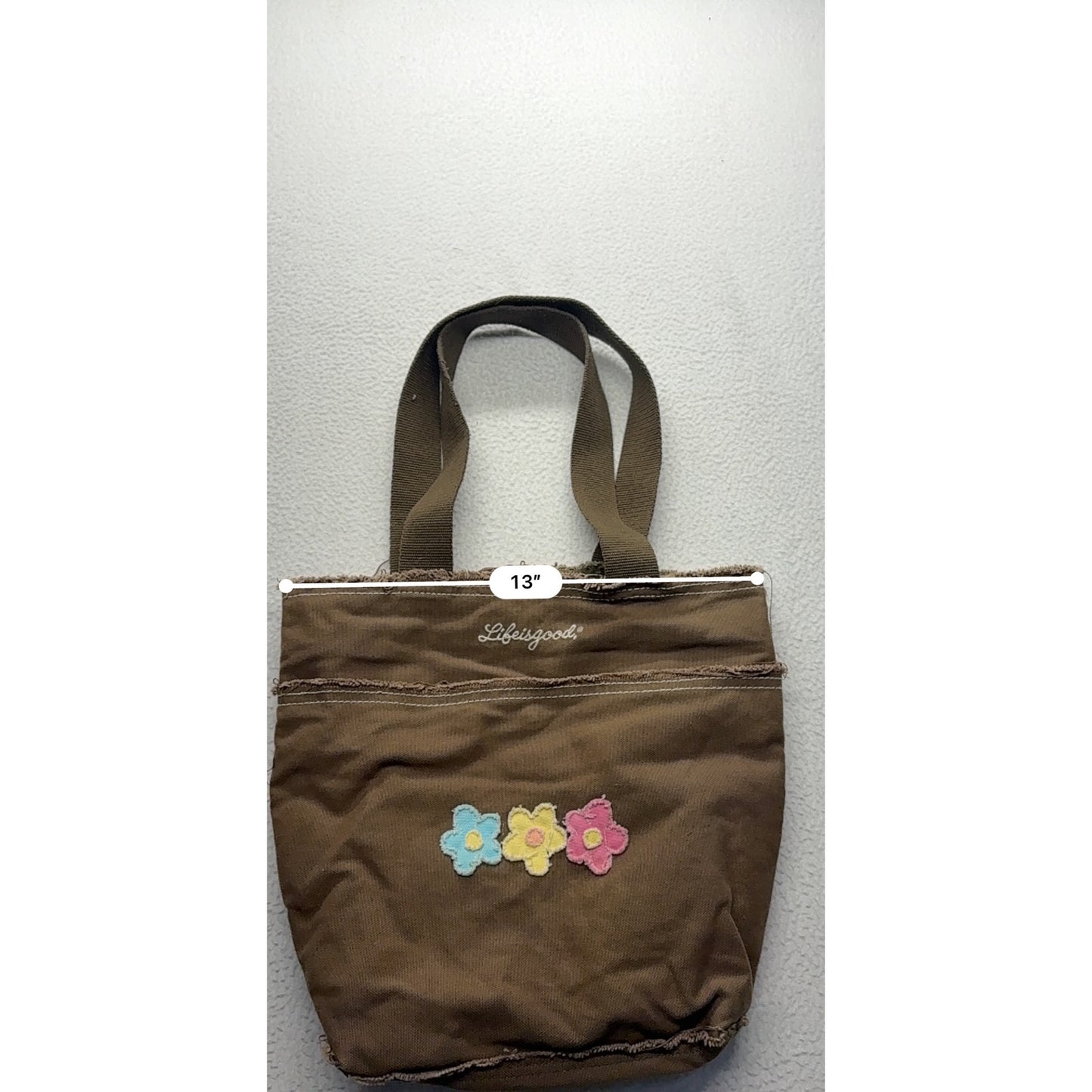 Y2K Life Is Good Brown Canvas Tote Bag With Flower Embroidery #7498