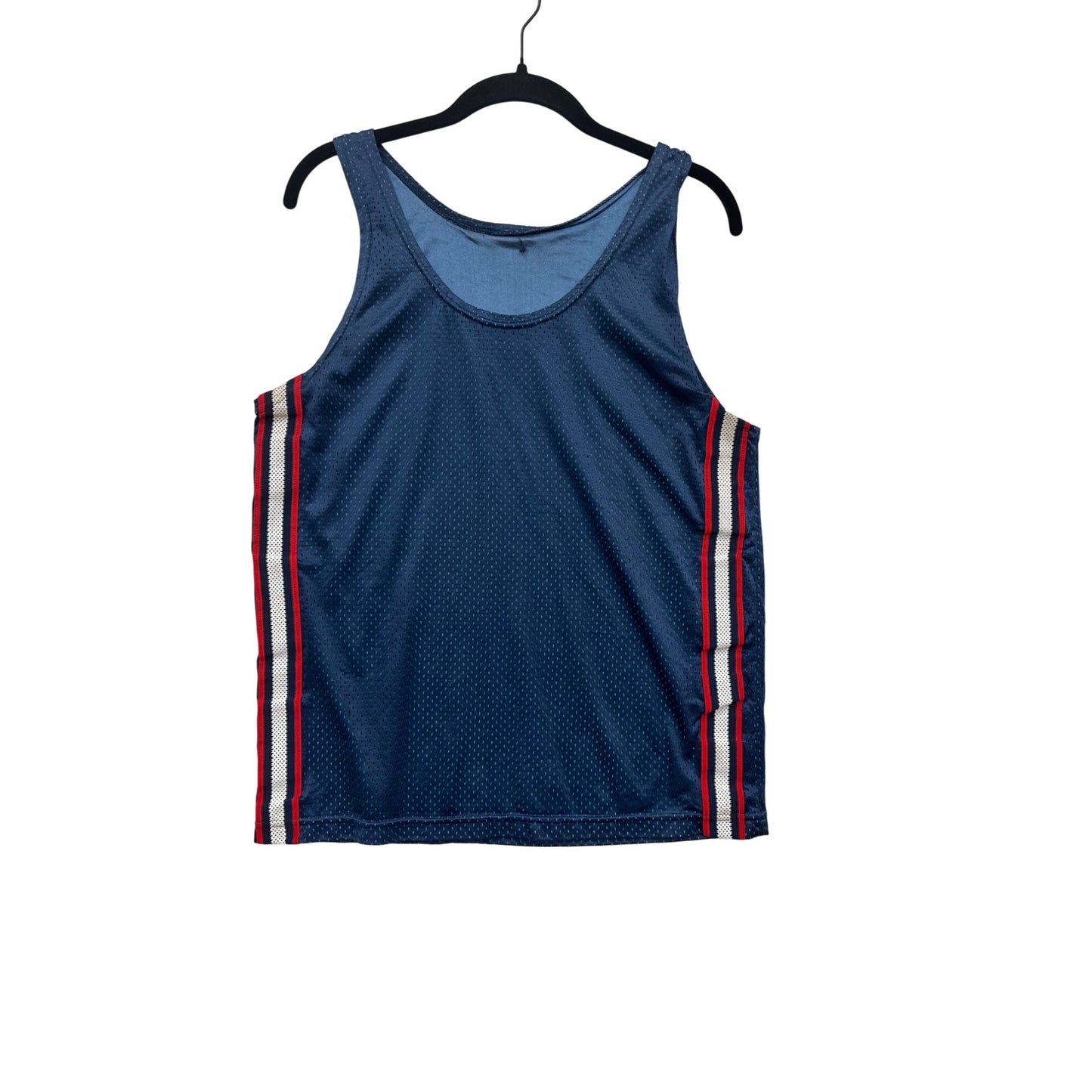 Athletic Navy Blue Mesh Tank Top With Red & White Stripes #730A